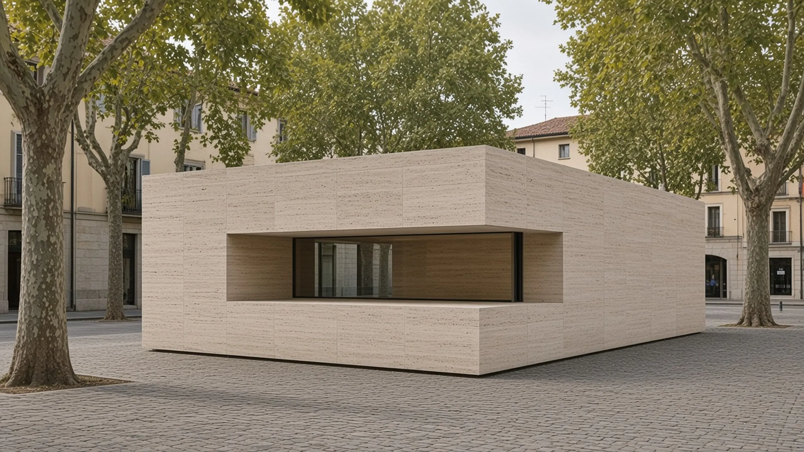 A low travertine library with a long ribbon window on a paved square with plane trees