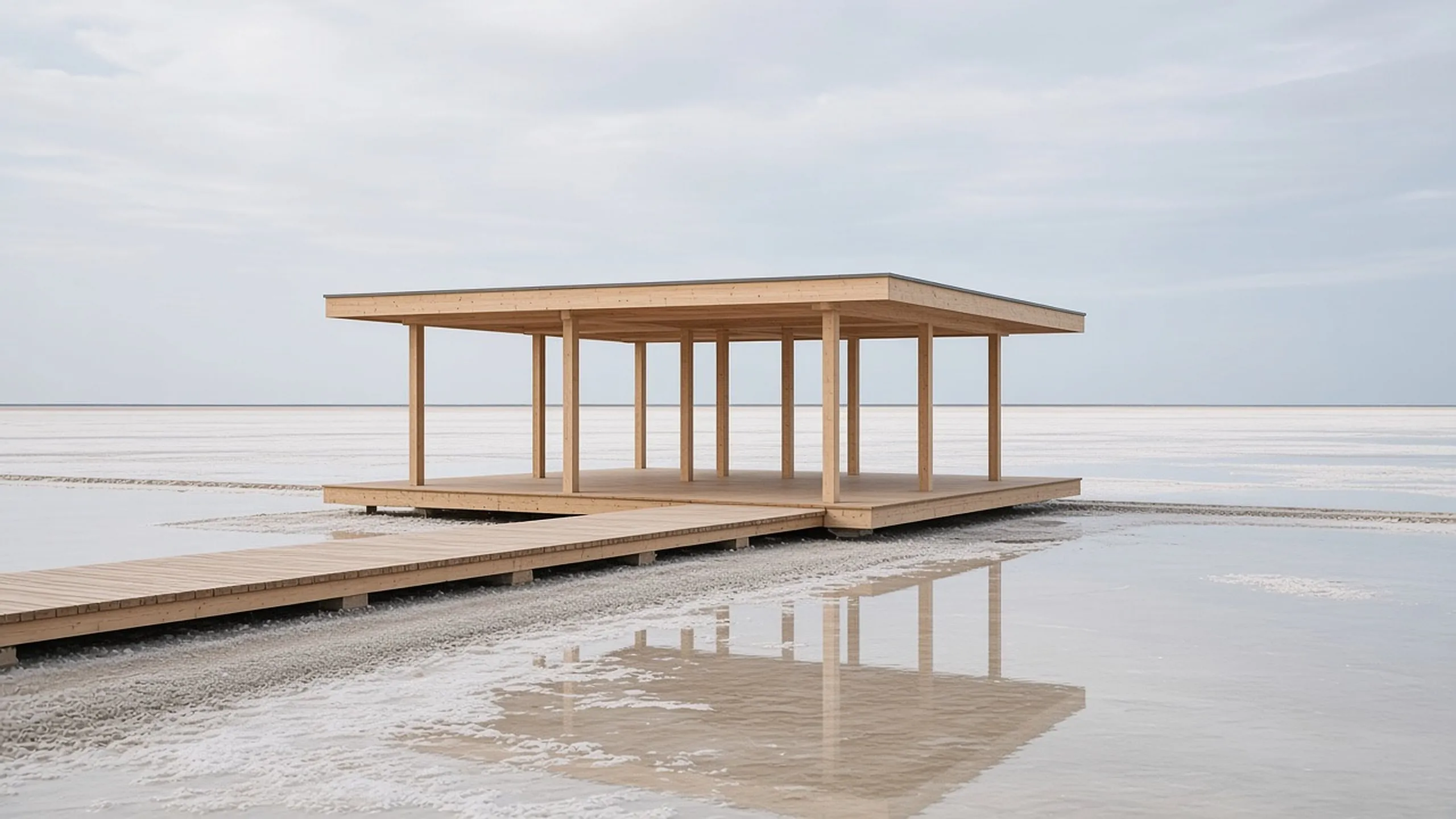 A timber pavilion on slender columns standing in the flat white salt pans, reached by a boardwalk