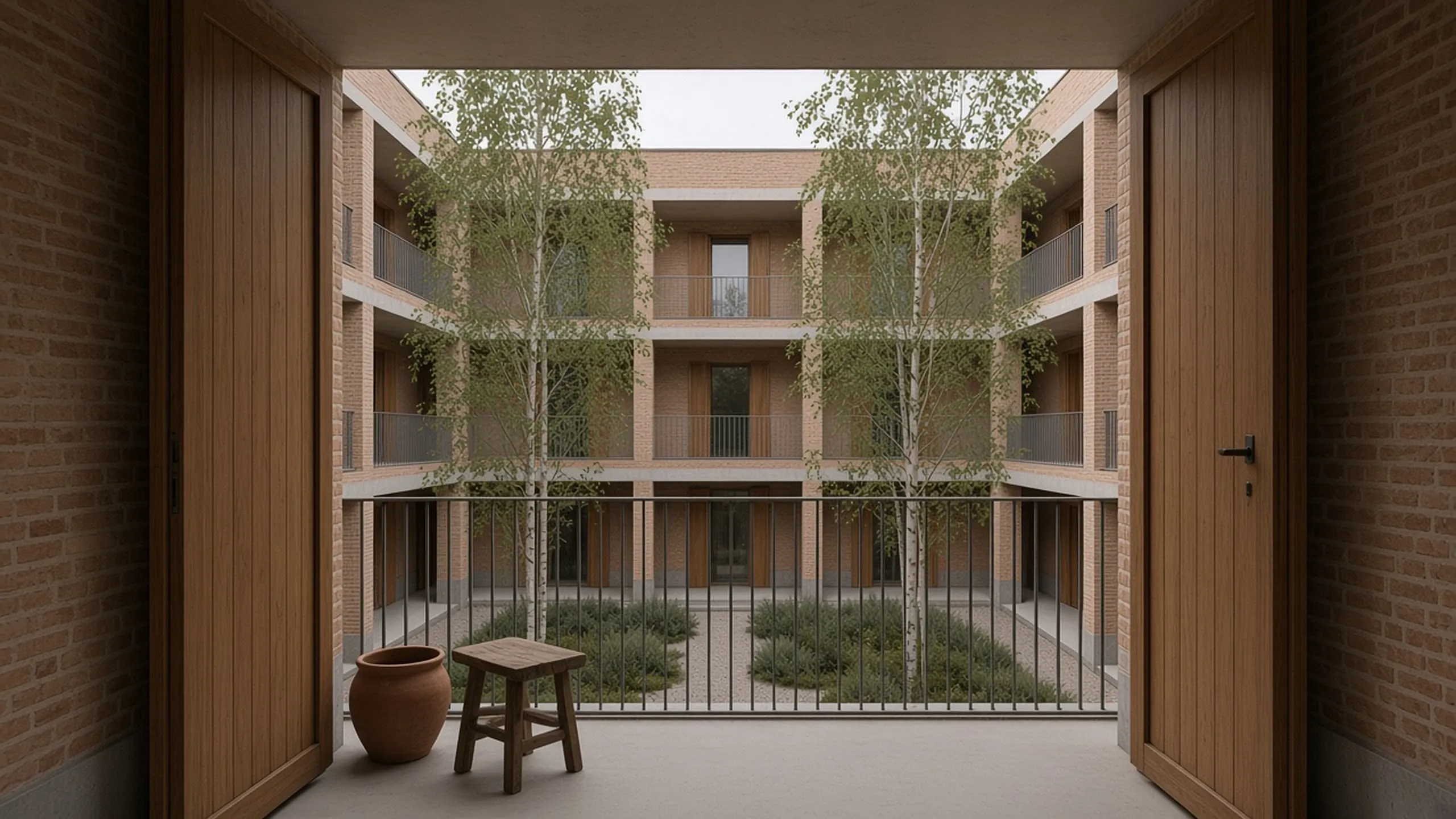 A deep brick loggia at Corte Vigentina, with open timber shutters and birch trees in the courtyard